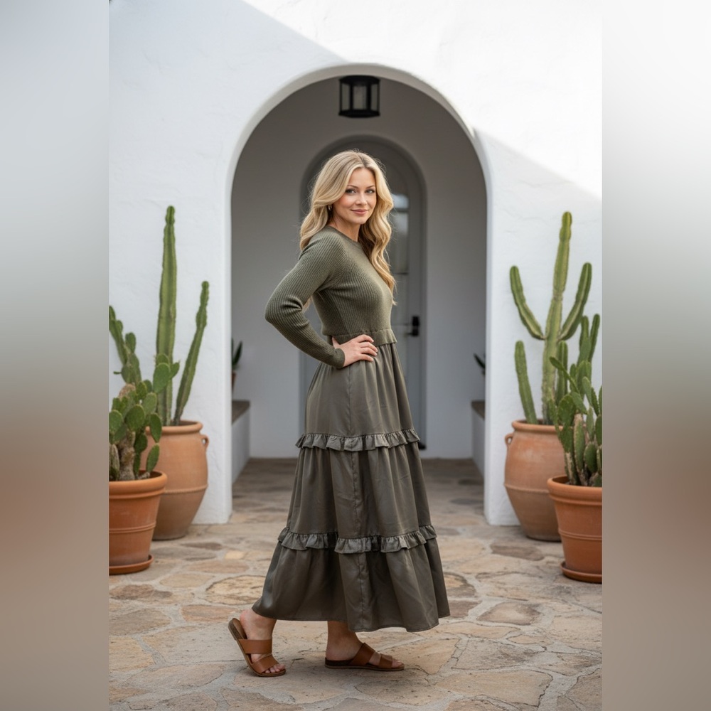 In February Sweater Midi Dress Womens Size S Dusty Olive Ruffle Pockets - Picture 3 of 7